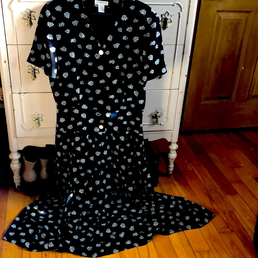 Liz Claiborne Collection vintage black pleated dress with rose print 14